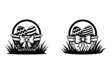 easter basket vector with decorated eggs, bow and grass icons

