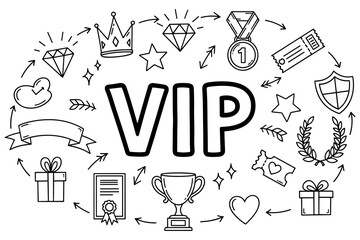 Vip symbols: crown, diamond, trophy, and more in black and white icons set