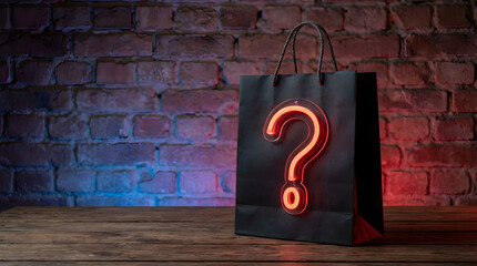 black shopping bag with a glowing neon red question mark on a wooden table against a brick wal
