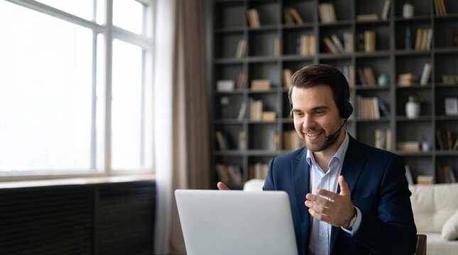 Smiling businessman in blue suit jacket engaged in online meeting with headset
