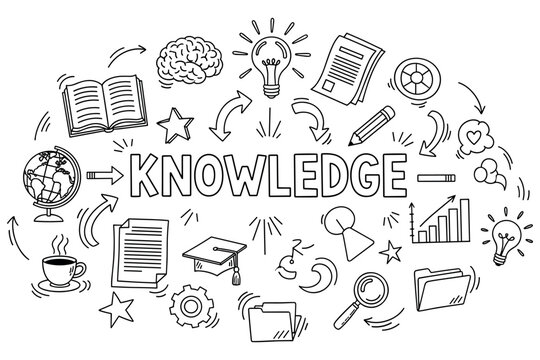 Creative doodle illustration emphasizing knowledge and learning concepts with books and gadgets