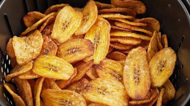 Golden Crispy Plantain Chips Piled High in a Dark Basket, Seasoned and Ready to Enjoy