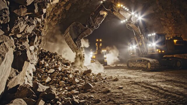 Heavy excavators and haul trucks operate in a dusty underground mine tunnel, extracting rock and ore with powerful lights illuminating the scene.