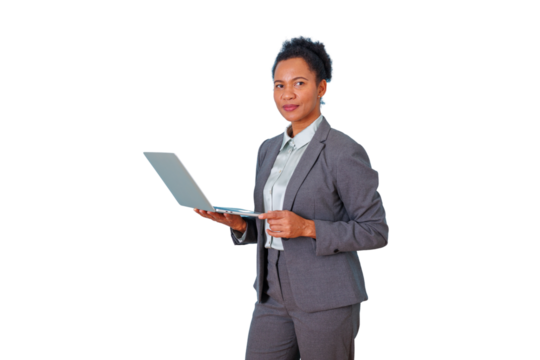 Professional businesswoman holding laptop, working remotely, standing with confidence and technology - Powered by Adobe
