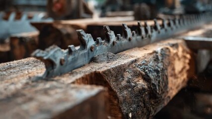 Closeup of sharp steel saw milling blades cutting through thick timber highlighting durable metal teeth and precision wood slicing in industrial woodworking.