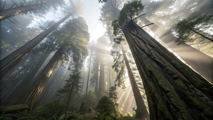 Sun rays through redwood forest trees in a misty old growth woodland with cinematic morning light.