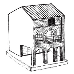 Sketch of historic Taiwanese architecture with arcades
