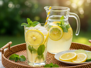 Fresh homemade lemonade with lemon slices and mint leaves in a glass and pitcher on a wicker tray in a sunny garden setting