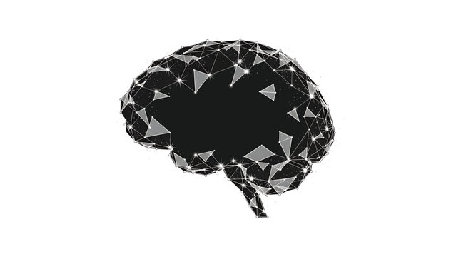 A geometric illustration of the brain. A grayscale view of a cerebral image. Connected by polygonal shapes and points, depicting complex neural networks