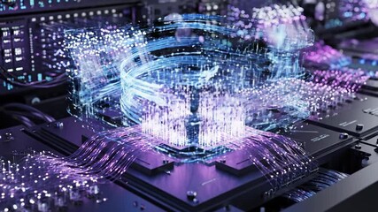 Intricate abstract digital network of glowing fiber optic lights on a technological circuit board, representing data processing and futuristic connectivity. - Powered by Adobe