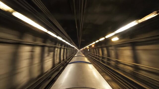 Point of view from a subway train moving rapidly through a dark, illuminated underground tunnel. Urban transportation and speed concept. Dynamic motion blur footage.
