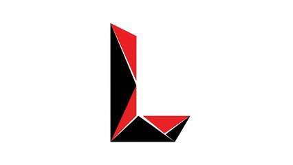 A geometric letter "L" made of sharp, angular shapes, split into red and black colors with a white background