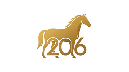 A golden horse silhouette with the year 2016 integrated into its form against a white background, embodying prosperity