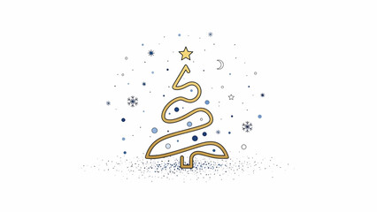 A golden, minimalist depiction of a festive tree against a white backdrop, adorned with stylized snowflakes and stars