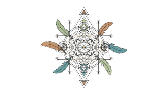 A geometric mandala featuring an intricate network of lines, circles, and triangles. Six stylized feathers are arranged around the design