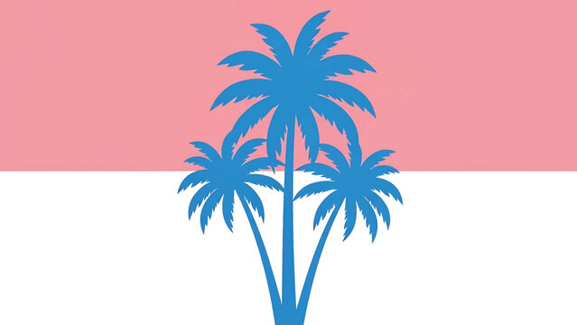A geometric illustration featuring three stylized palm trees in a vibrant blue against a two-tone background of pink and white, evocative of a tropical scene
