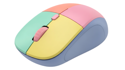 Colorful wireless computer mouse with a segmented pastel design ideal for digital work on transparent background