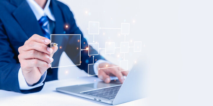 Businessman drawing workflow diagram on virtual screen while working on laptop, showing process management, system planning, business strategy, digital transformation. - Powered by Adobe