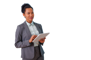 African american businesswoman using digital tablet, looking away, planning future, managing business, transparent background