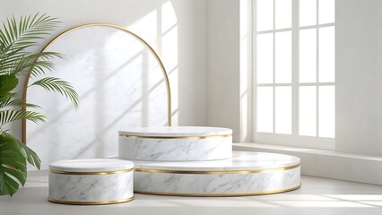 Minimalist Marble Product Display Podium with gold trim in a bright sunlit room with tropical plants
