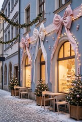 Cozy European city street decorated for Christmas with illuminated shop windows, festive bows, garlands and small Christmas trees. Warm glowing lights create a magical winter holiday atmosphere
