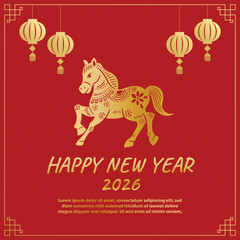 New Year 2026 Red Poster with Horse Zodiac