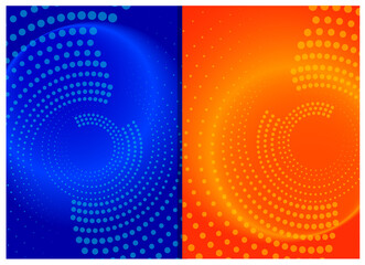Set of abstract halftone background vector file vibrant blue orange gradient dots swirling dynamic pattern dual Tone. Vector illustration.