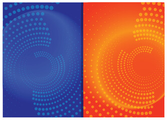 Set of abstract halftone background vector file vibrant blue orange gradient dots swirling dynamic pattern dual Tone. Vector illustration.
