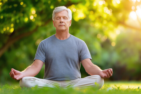 Senior man meditating outdoors on green grass in morning light, practicing mindfulness and yoga in a park. Calm healthy lifestyle and wellness concept with copy space. - Powered by Adobe