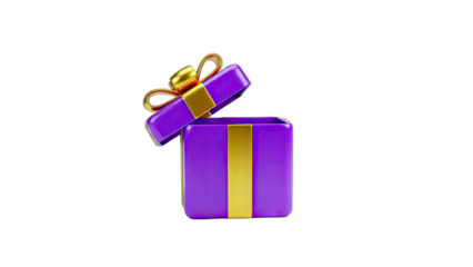 3D Open Gift Box with Gold Ribbon on transparent background