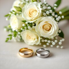 wedding rings and white roses
