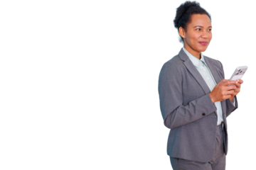 African american businesswoman using a smartphone, communicating and staying connected, transparent background
