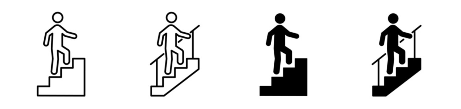 Person walking up stairs icon set. Walking with and without holding a handrail. Public signage, wayfinding, emergency exit symbol. Vector illustration. Editable stroke. 