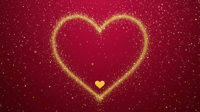 Lujoso coraz&oacute;n grande de oro texturizado y purpurina sobre fondo p&uacute;rpura intenso. Un peque&ntilde;o coraz&oacute;n dorado pulido cuelga en el centro rodeado de confeti brillante y destellos de luz.