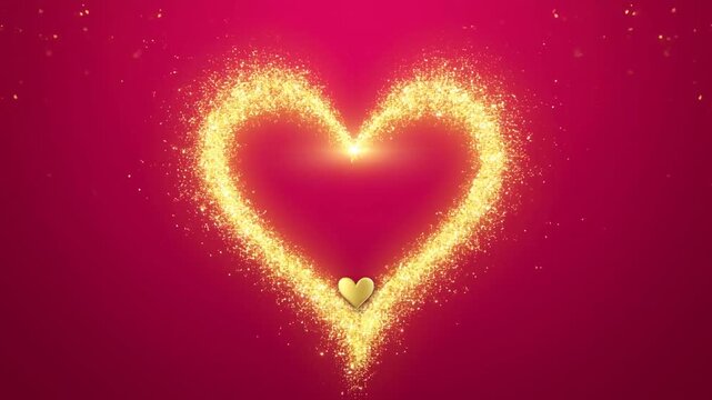 Lujoso coraz&oacute;n grande de oro texturizado y purpurina sobre fondo p&uacute;rpura intenso. Un peque&ntilde;o coraz&oacute;n dorado pulido cuelga en el centro rodeado de confeti brillante y destellos de luz.