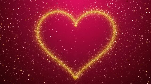 Lujoso coraz&oacute;n grande de oro texturizado y purpurina sobre fondo p&uacute;rpura intenso. Un peque&ntilde;o coraz&oacute;n dorado pulido cuelga en el centro rodeado de confeti brillante y destellos de luz.