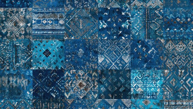 Mosaic of patterned rectangular panels, showcasing geometric designs in shades of blue and grey