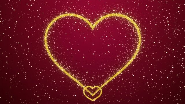 Lujoso coraz&oacute;n grande de oro texturizado y purpurina sobre fondo p&uacute;rpura intenso. Un peque&ntilde;o coraz&oacute;n dorado pulido cuelga en el centro rodeado de confeti brillante y destellos de luz.