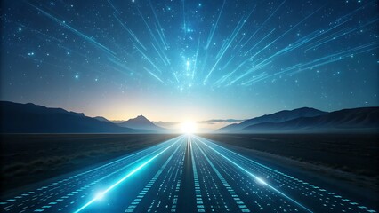 Illuminated data highway digital path through a vast night landscape with glowing stars and information streams.