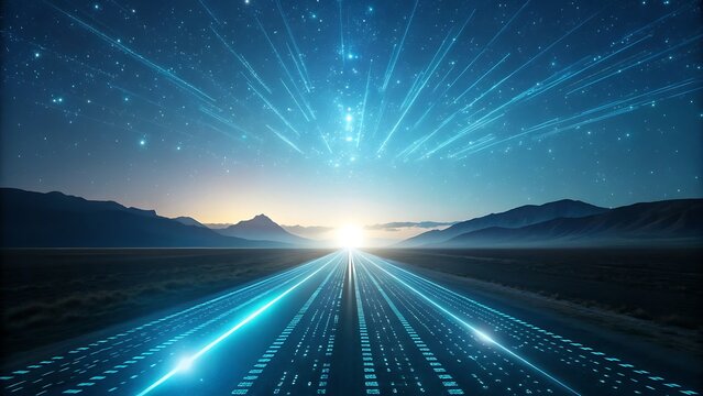Illuminated data highway digital path through a vast night landscape with glowing stars and information streams.