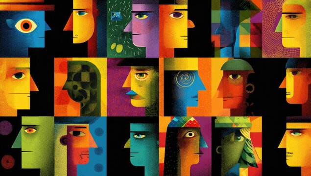 Colorful mosaic of diverse side-profile human faces, each with unique color schemes and expressions