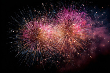 A vibrant display of pink and orange fireworks exploding in the night sky with colorful sparks and smoke