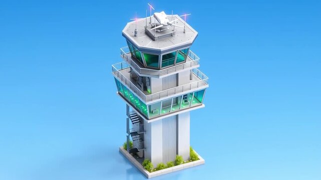 Minimal 3D air traffic control tower on bright blue background, the camera orbits steadily as the tower turns and shadows slide along antennas and windows, for navigation and safety concept.