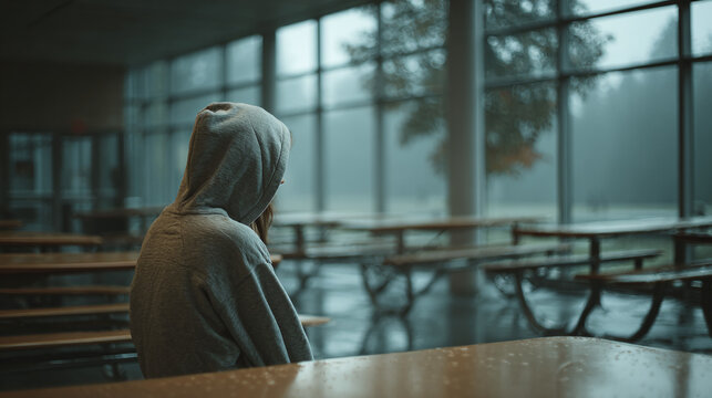 teen girl alone in school cafeteria hoodie sitting at table conceptual scene representing social isolation peer pressure and teen loneliness