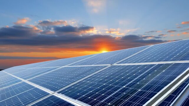 Large photovoltaic solar panel array under a dramatic sunset sky as the sun drops behind clouds, lens flare reduces, and warm reflections drift across blue cells in a smooth time lapse.