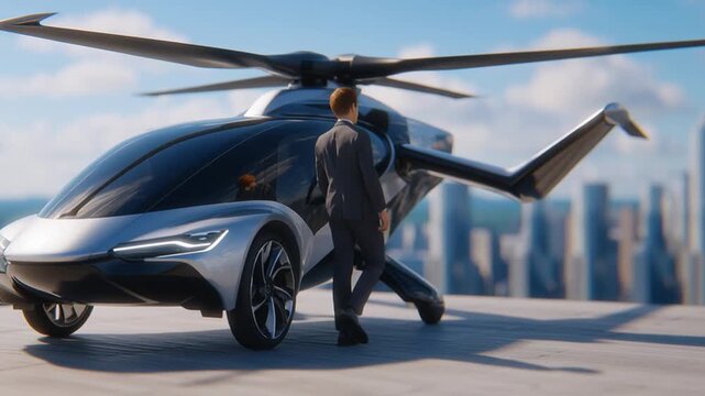 Businessman in a suit walks around a parked electric air taxi on a rooftop helipad with city skyline; he approaches the door as camera pans, highlighting futuristic urban mobility.