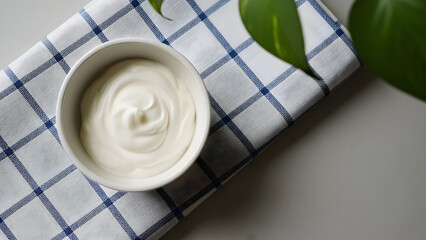 A bowl of white cream on a blue and white checkered cloth with green leaves nearby