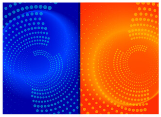 Set of abstract halftone background vector file vibrant blue orange gradient dots swirling dynamic pattern dual Tone. Vector illustration.eps