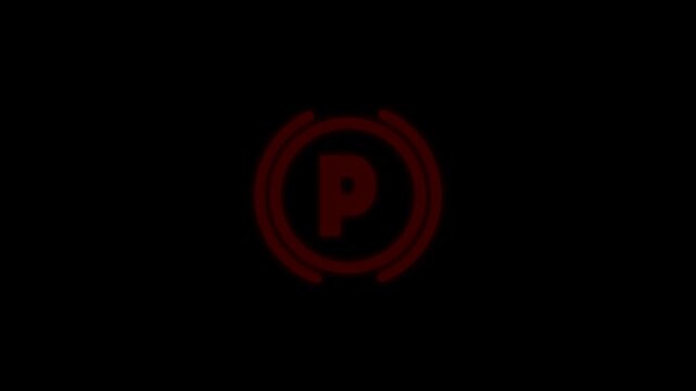 Parking brake warning sign icon flashing animation on dark black background for safety alerts