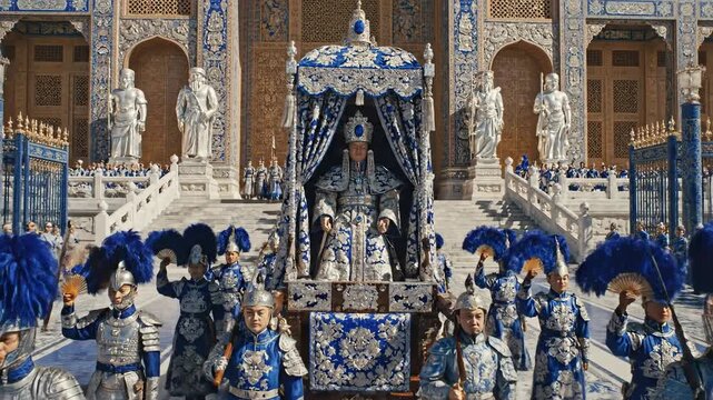 Majestic procession of an emperor in ornate blue and silver regalia with attendants in an ancient palace setting